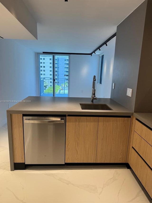 800 N Miami Ave Unit E-901, Miami, FL 33136 - kitchen with dishwasher, light marble finish floors, rail lighting, and light brown cabinets