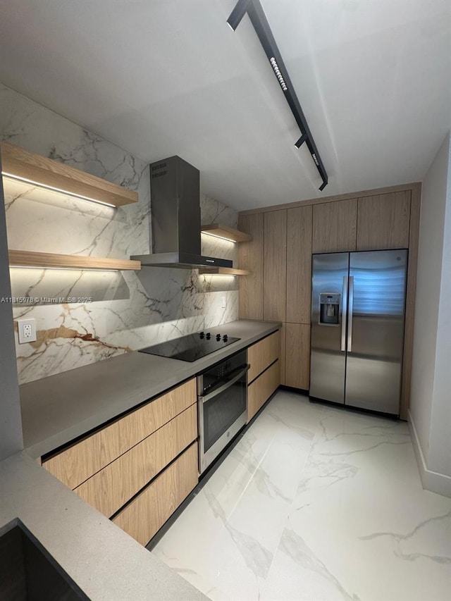 800 N Miami Ave Unit E-901, Miami, FL 33136 - kitchen with stainless steel appliances, ventilation hood, open shelves, light marble finish flooring, and modern cabinets