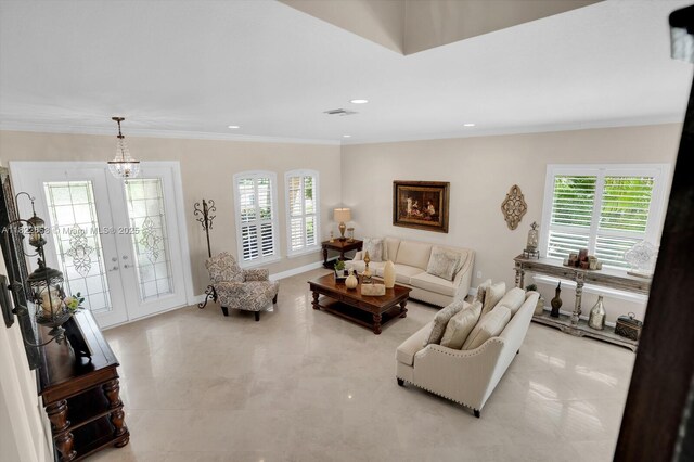 11844 Foxbriar Lake Trl, Boynton Beach, FL 33473 - tiled living area featuring plenty of natural light, crown molding, french doors, recessed lighting, and a chandelier