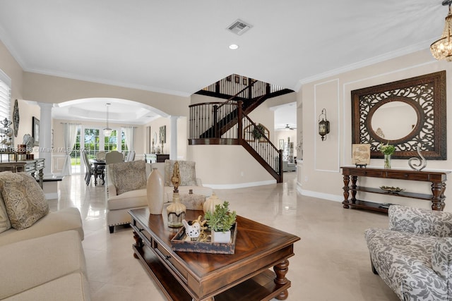 11844 Foxbriar Lake Trl, Boynton Beach, FL 33473 - living area with decorative columns, arched walkways, crown molding, stairway, and a tray ceiling