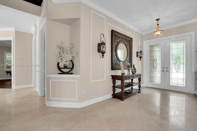 11844 Foxbriar Lake Trl, Boynton Beach, FL 33473 - tiled entrance foyer featuring french doors, ornamental molding, and a chandelier