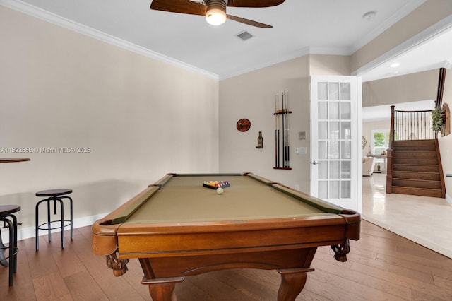 11844 Foxbriar Lake Trl, Boynton Beach, FL 33473 - game room featuring ornamental molding, ceiling fan, wood-type flooring, pool table, and vaulted ceiling