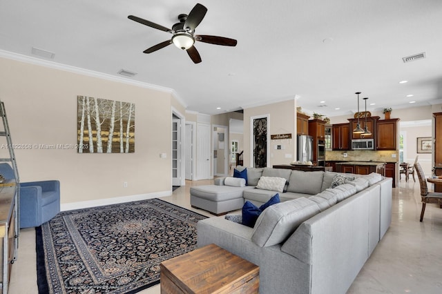 11844 Foxbriar Lake Trl, Boynton Beach, FL 33473 - living room with ceiling fan, ornamental molding, and recessed lighting