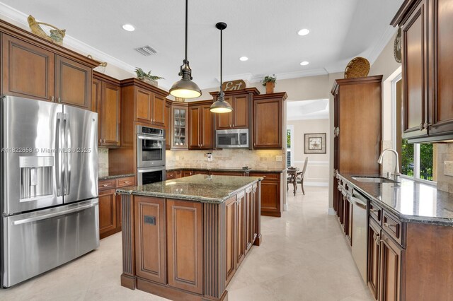 11844 Foxbriar Lake Trl, Boynton Beach, FL 33473 - kitchen with appliances with stainless steel finishes, dark stone countertops, decorative backsplash, ornamental molding, and glass insert cabinets