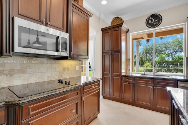 11844 Foxbriar Lake Trl, Boynton Beach, FL 33473 - kitchen with stainless steel microwave, black electric cooktop, plenty of natural light, dark stone countertops, and ornamental molding