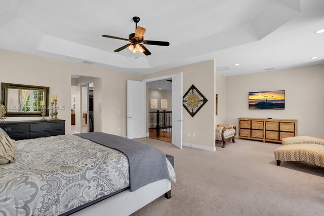 11844 Foxbriar Lake Trl, Boynton Beach, FL 33473 - carpeted bedroom featuring a raised ceiling, ceiling fan, and recessed lighting