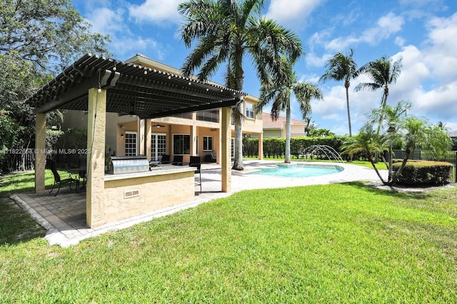 11844 Foxbriar Lake Trl, Boynton Beach, FL 33473 - view of yard with area for grilling, a pergola, a patio, and a ceiling fan