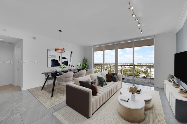 1 N Ocean Blvd Unit 1211, Pompano Beach, FL 33062 - living room with crown molding, a wall of windows, and light marble finish flooring