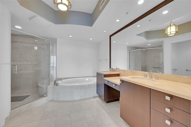 1 N Ocean Blvd Unit 1211, Pompano Beach, FL 33062 - bathroom featuring vanity, a bath, a shower stall, recessed lighting, and tile patterned floors