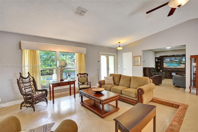 10967 NW 12th Dr, Coral Springs, FL 33071 - living room with light tile patterned flooring, a ceiling fan, vaulted ceiling, and a textured ceiling