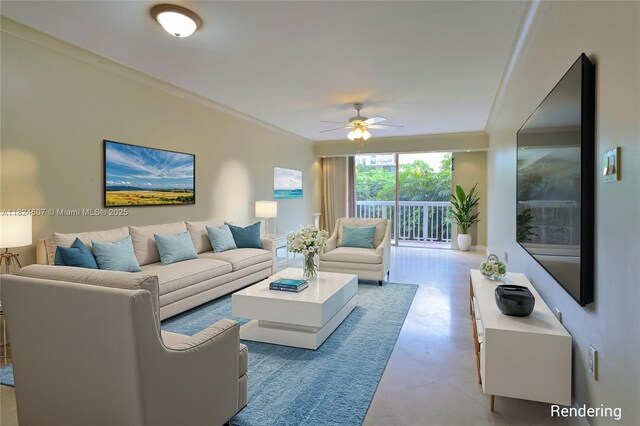 1670 Bay Rd Unit 2D, Miami Beach, FL 33139 - living room featuring ceiling fan, tile patterned floors, and ornamental molding