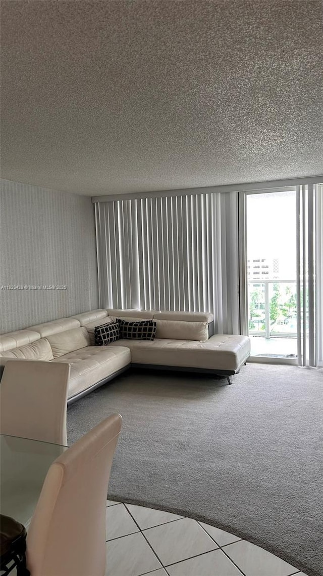 100 Bayview Dr Unit 1030, Sunny Isles Beach, FL 33160 - carpeted living room featuring a textured ceiling and tile patterned floors