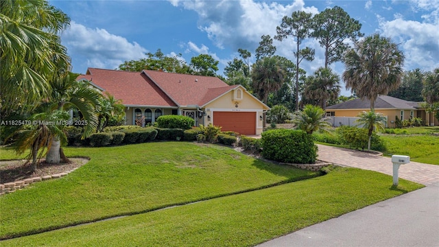 1381 SW Leisure Ln, Port St Lucie, FL 34953 - view of front facade featuring a garage, driveway, a front yard, and stucco siding