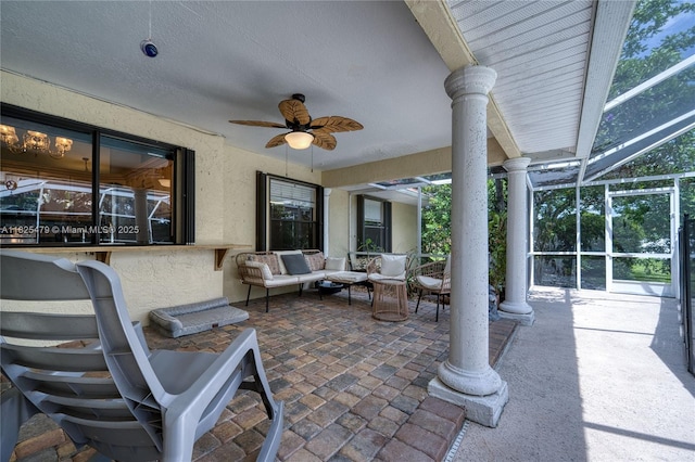 1381 SW Leisure Ln, Port St Lucie, FL 34953 - view of patio featuring an outdoor living space, ceiling fan, and a lanai