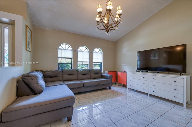 1381 SW Leisure Ln, Port St Lucie, FL 34953 - living room featuring a chandelier, vaulted ceiling, light tile patterned flooring, and a textured ceiling