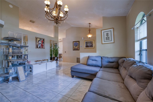 1381 SW Leisure Ln, Port St Lucie, FL 34953 - living area featuring vaulted ceiling, a chandelier, and a textured ceiling