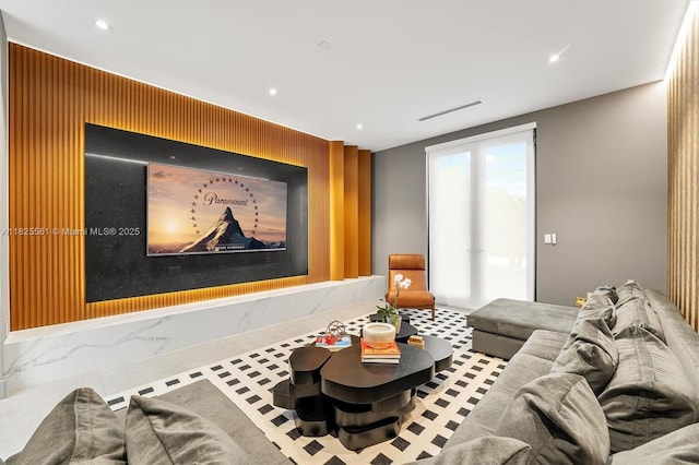 7660 SW 124th St, Pinecrest, FL 33156 - cinema room featuring recessed lighting, an accent wall, and marble finish floors