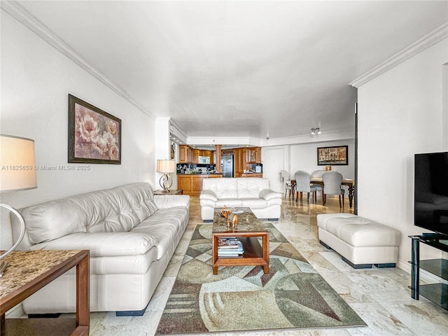 6767 Collins Ave Unit 704, Miami Beach, FL 33141 - living area featuring ornamental molding and light marble finish flooring