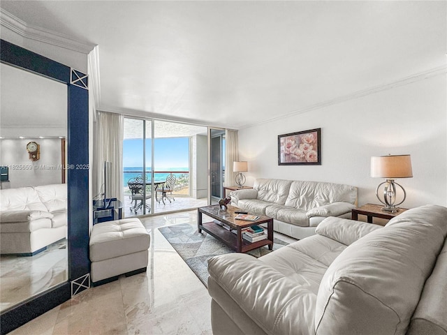 6767 Collins Ave Unit 704, Miami Beach, FL 33141 - living area with crown molding and a wall of windows
