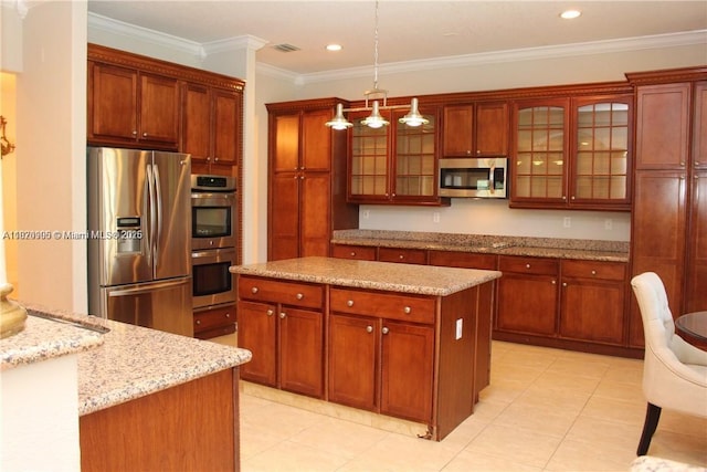 19383 SW 79th Ave, Cutler Bay, FL 33157 - kitchen featuring stainless steel appliances, ornamental molding, hanging light fixtures, glass insert cabinets, and light tile patterned floors