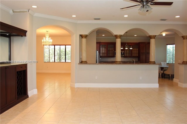 19383 SW 79th Ave, Cutler Bay, FL 33157 - kitchen featuring light tile patterned floors, ceiling fan, healthy amount of natural light, recessed lighting, and ornamental molding