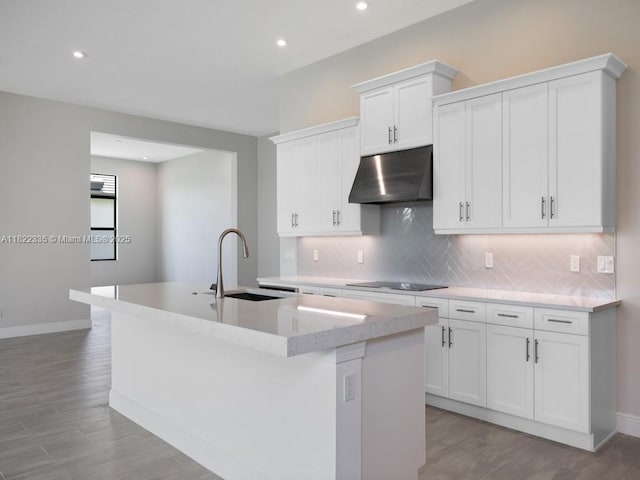 9125 SW Esule Way, Port St Lucie, FL 34987 - kitchen featuring under cabinet range hood, light wood-style flooring, black electric stovetop, decorative backsplash, and an island with sink