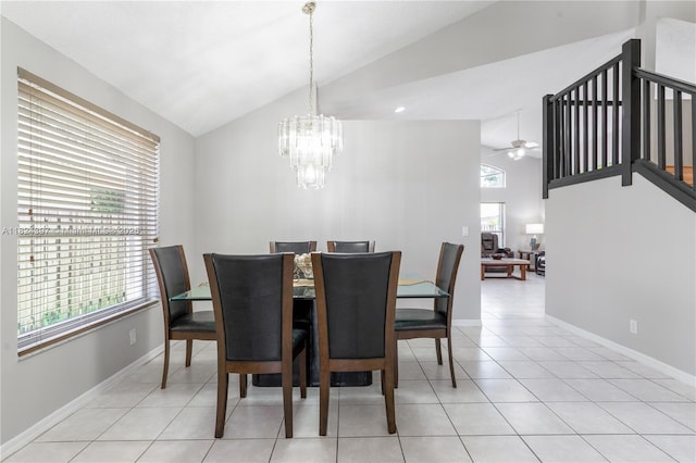 13224 NW 12th St, Pembroke Pines, FL 33028 - dining room with a chandelier, ceiling fan, high vaulted ceiling, and light tile patterned floors