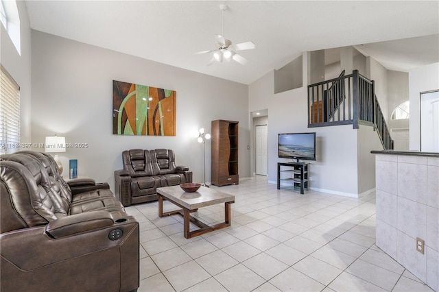 13224 NW 12th St, Pembroke Pines, FL 33028 - living room featuring a ceiling fan, high vaulted ceiling, and light tile patterned floors