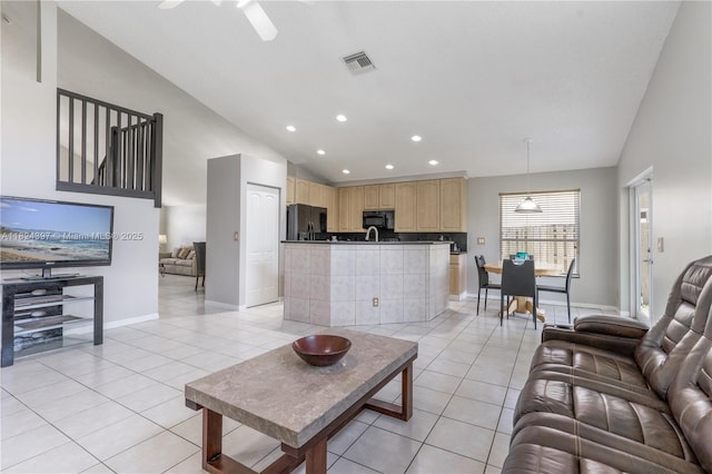 13224 NW 12th St, Pembroke Pines, FL 33028 - living area featuring light tile patterned floors, recessed lighting, and high vaulted ceiling