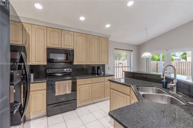 13224 NW 12th St, Pembroke Pines, FL 33028 - kitchen with light brown cabinetry, black appliances, lofted ceiling, light tile patterned floors, and decorative backsplash