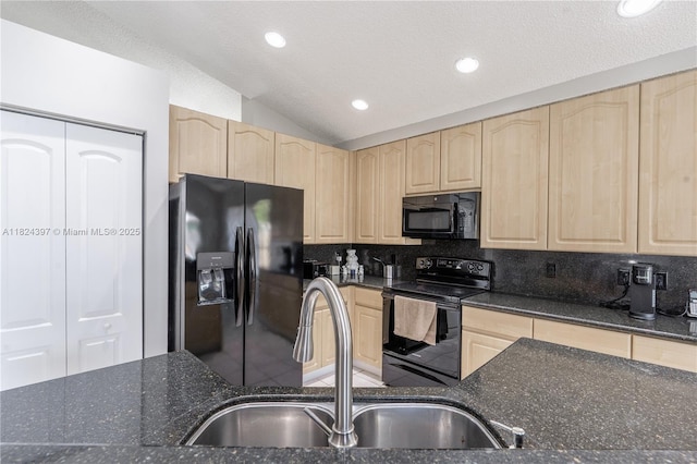 13224 NW 12th St, Pembroke Pines, FL 33028 - kitchen with light brown cabinets, black appliances, dark stone countertops, lofted ceiling, and backsplash