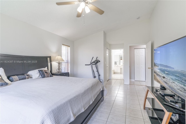 13224 NW 12th St, Pembroke Pines, FL 33028 - bedroom featuring vaulted ceiling, light tile patterned flooring, ensuite bathroom, and ceiling fan