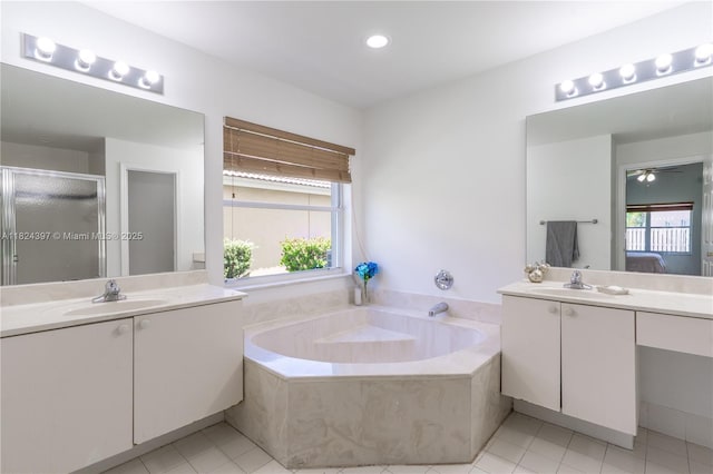 13224 NW 12th St, Pembroke Pines, FL 33028 - ensuite bathroom with two vanities, tile patterned floors, a garden tub, a shower stall, and recessed lighting