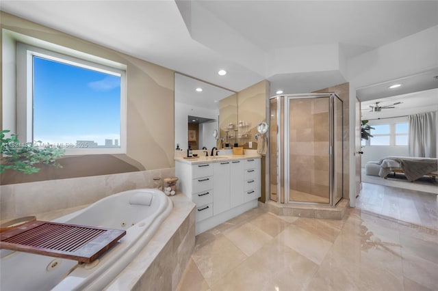 15051 Royal Oaks Ln Unit 1901, North Miami, FL 33181 - bathroom with vanity, a whirlpool tub, a shower stall, and recessed lighting