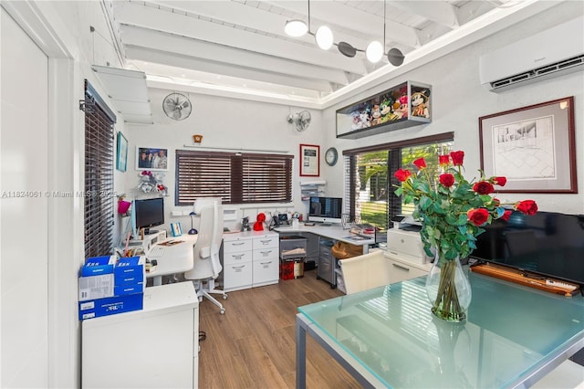 1301 Milan Ave Unit 5, Coral Gables, FL 33134 - home office featuring a wall mounted air conditioner, beamed ceiling, and wood finished floors
