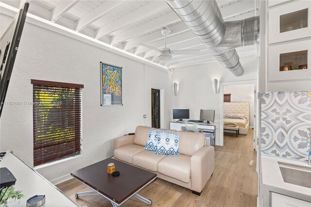 1301 Milan Ave Unit 5, Coral Gables, FL 33134 - living room with ceiling fan, beam ceiling, and light wood-style floors