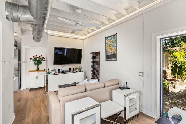 1301 Milan Ave Unit 5, Coral Gables, FL 33134 - living room with a ceiling fan, light wood-type flooring, and a wooden ceiling with exposed beams