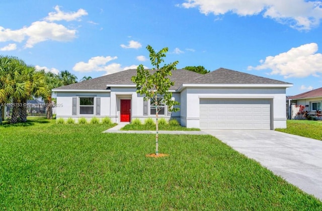 485 SW Molloy St, Port St Lucie, FL 34984 - ranch-style home with an attached garage, stucco siding, concrete driveway, a front yard, and a shingled roof