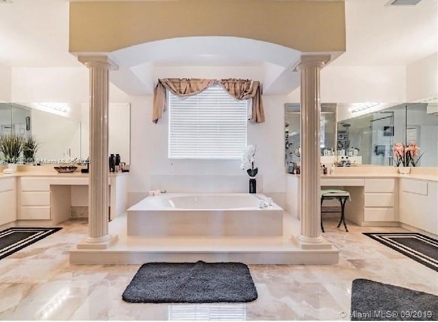 1379 NW 166th Ave, Pembroke Pines, FL 33028 - bathroom with ornate columns, a garden tub, vanity, and a shower stall