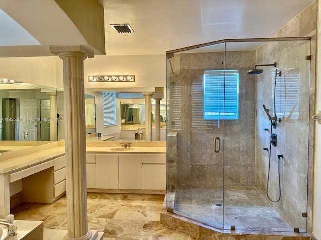 1379 NW 166th Ave, Pembroke Pines, FL 33028 - full bath featuring ornate columns, vanity, and a stall shower