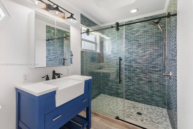1550 NW 114th Ave, Plantation, FL 33323 - full bathroom with vanity, a stall shower, wood finished floors, recessed lighting, and crown molding
