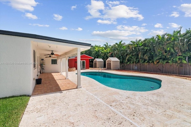 1550 NW 114th Ave, Plantation, FL 33323 - view of pool featuring a storage unit, ceiling fan, a fenced backyard, and a patio area
