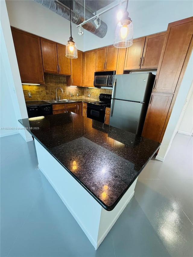2001 Biscayne Blvd Unit 2402, Miami, FL 33137 - kitchen featuring black appliances, tasteful backsplash, dark stone countertops, concrete floors, and pendant lighting
