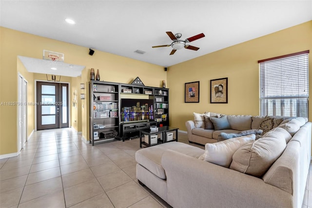 452 NE 20th Ter, Homestead, FL 33033 - living room with a ceiling fan, light tile patterned floors, and recessed lighting