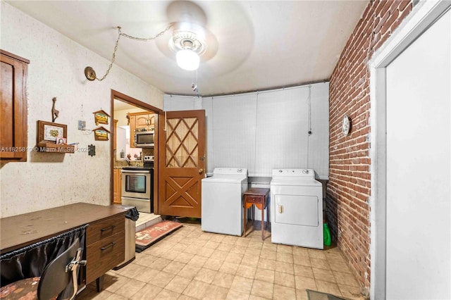 3820 SW 122nd Ave, Miami, FL 33175 - laundry area featuring a ceiling fan, separate washer and dryer, brick wall, and light floors