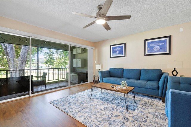 3660 Citrus Trce Unit 4, Davie, FL 33328 - living room featuring a ceiling fan, a textured ceiling, and wood finished floors