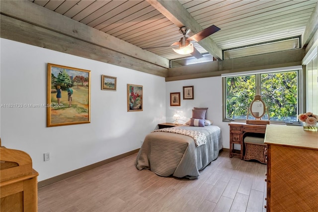 2691 SW 110th Way, Davie, FL 33328 - bedroom with light wood-style flooring, a wood ceiling with exposed beams, and a ceiling fan