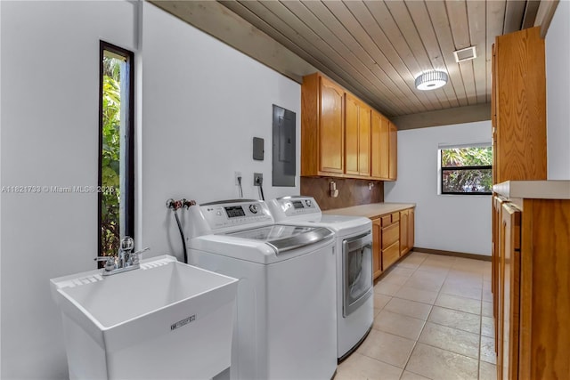 2691 SW 110th Way, Davie, FL 33328 - washroom with cabinet space, electric panel, independent washer and dryer, light tile patterned floors, and wooden ceiling