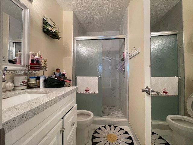 1716 SW Cordova St, Port St Lucie, FL 34987 - full bath with vanity, a textured ceiling, a stall shower, and tile patterned floors