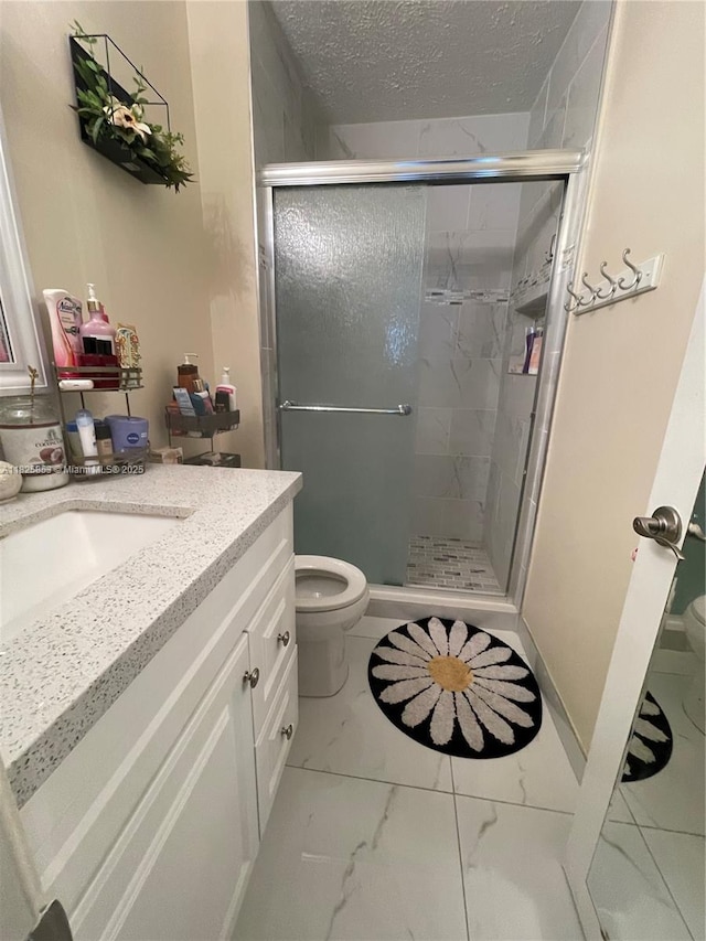 1716 SW Cordova St, Port St Lucie, FL 34987 - full bath featuring marble finish floors, a stall shower, vanity, and a textured ceiling